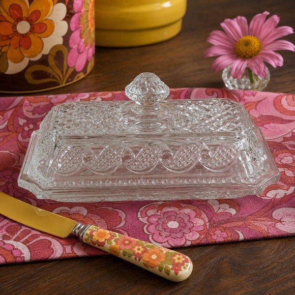 Other - Clear Pressed Glass Butter Dish Covered 70s Retro Eclectic Kitchen Funky Decor